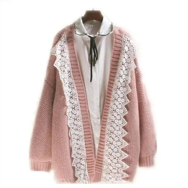 Lace Trim Knit Cardigan with Tie Neck Blouse-1