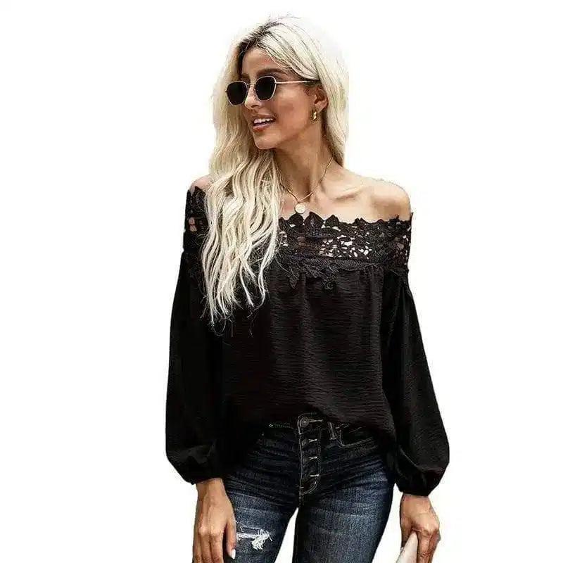 Lace Trim Off-Shoulder Women's Blouse-Black-2