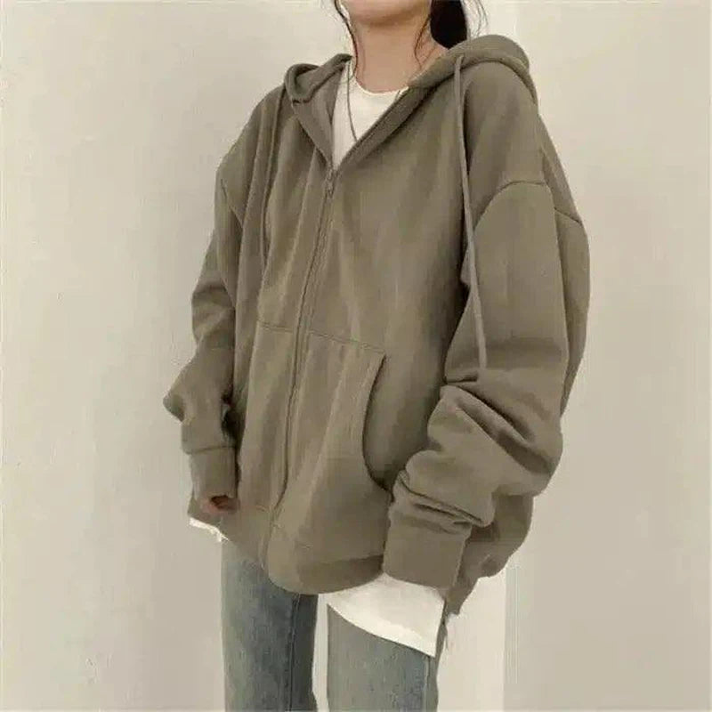 Women's Loose Mid-Length Plus Fleece Hooded Jacket-Army Green-4