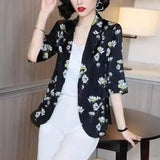 Floral Print Women's Lightweight Casual Blazer-Black-2