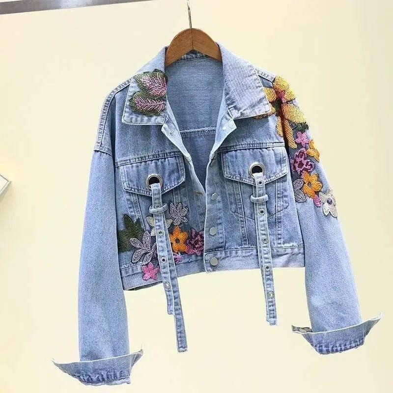 LOVEMI - Lovemi - Women's Short Denim Jacket With Flower Embroidery