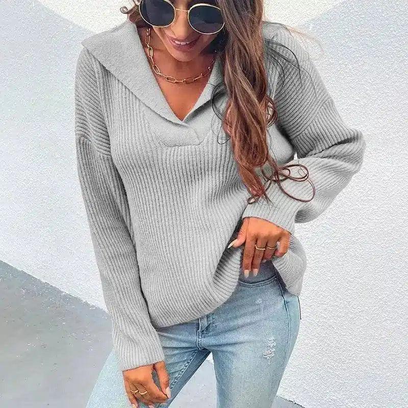 Women's Cozy Knit V-Neck Sweater-Grey-3