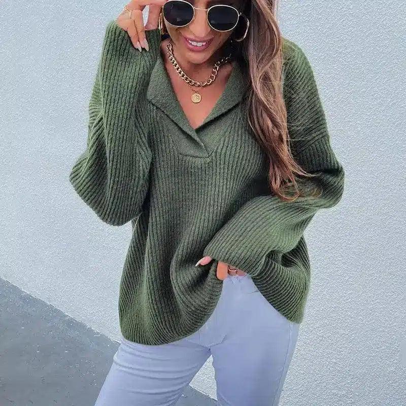 Women's Cozy Knit V-Neck Sweater-Green-6