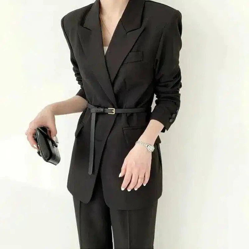 Women's Belted Business Suit Jacket-Black-2