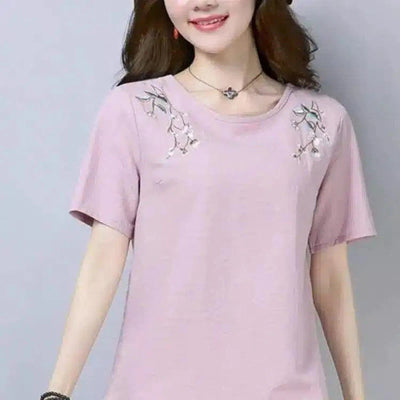 Women's Embroidered Casual T-Shirt-Pink-1