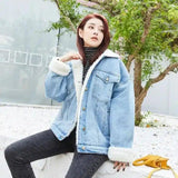 Warm Lined Denim Jacket for Women-Light blue hairy-1