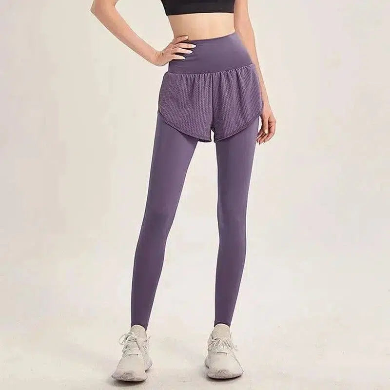 Women's Yoga Pants Fitness Sports Fake Two-piece Tights Yoga-Purple-3