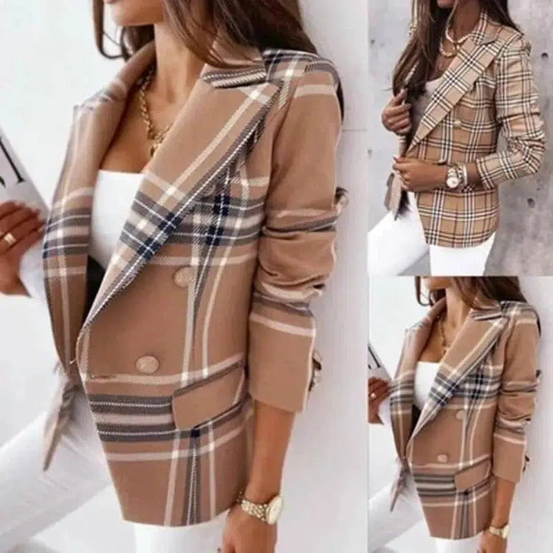 Womens Long-Sleeved Plaid Print Blazer-1