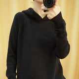 Warm Knit Sweater with Hood for Women-Black-2