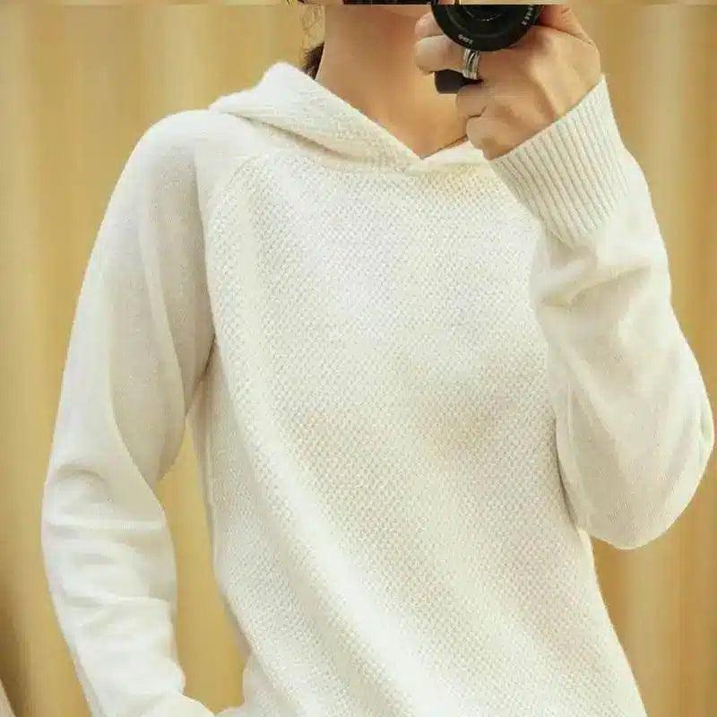 Warm Knit Sweater with Hood for Women-White-4