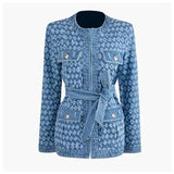 Floral Denim Jacket with Belt for Women-Blue-1