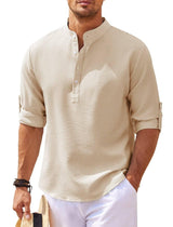 Men's Casual Shirt Long Sleeve Stand Collar Solid Color-Khaki-9