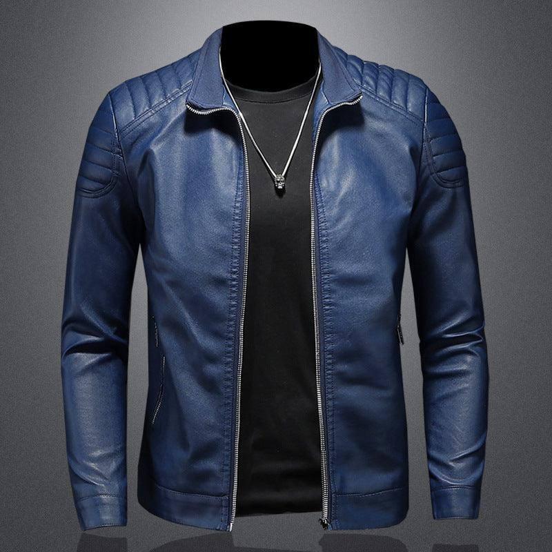 5XL Blue Leather Motorcycle Jacket for Men-Blue-1