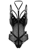 Mesh Faux Leather PU Hollow Halter One Piece Lingerie-Black-2