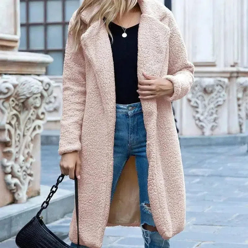 Mid Length Lapel Sweater Cardigan Sherpa Jacket-Pink-8