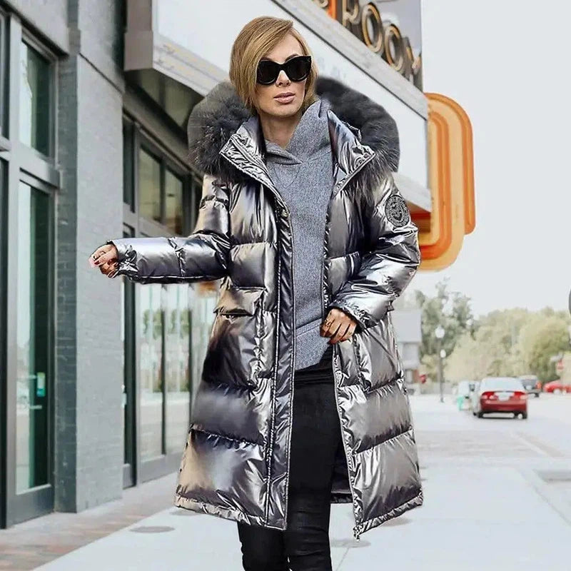 Mid-length Thickened Shiny Women's Padded Jacket-Silver-2