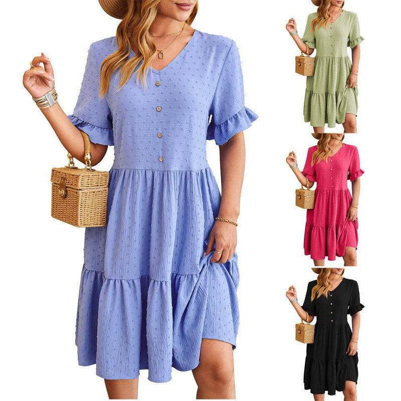 New V-neck Ruffle Short-sleeved Dress Summer Casual Fashion-1