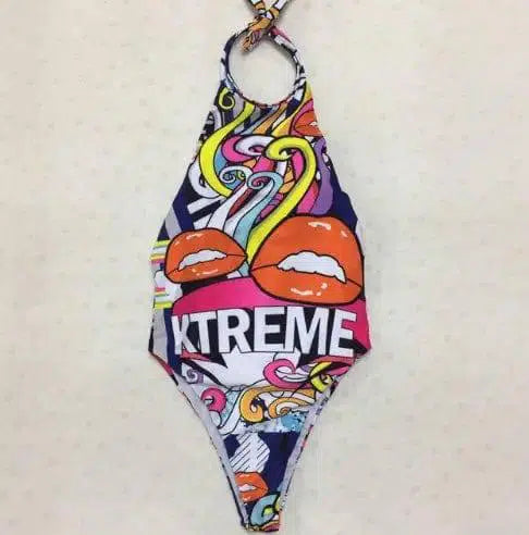 One piece swimsuit thong with lip print swimwear For-Lips-2