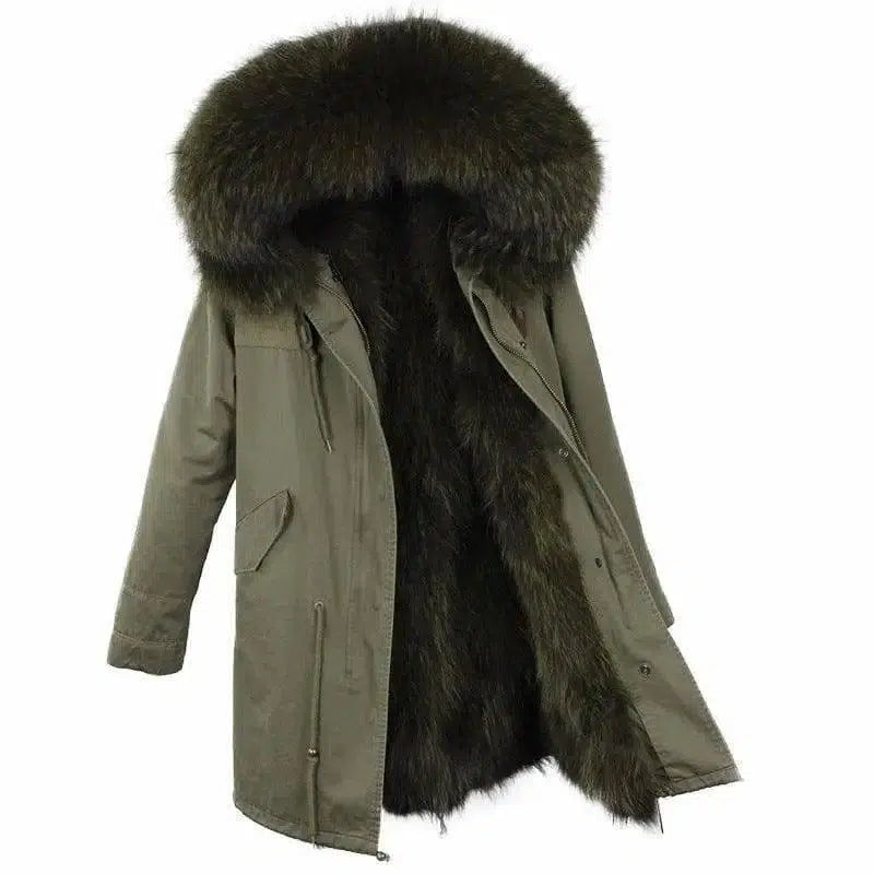 Oversized raccoon fur collar parka coat-Army green-6