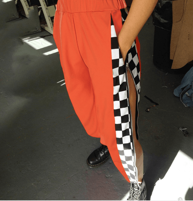 Pantalon Femme Side Checkerboard Zipper Sweatpants-3