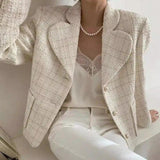 Women's Textured Blazer with Pearl Necklace-Apricot-1