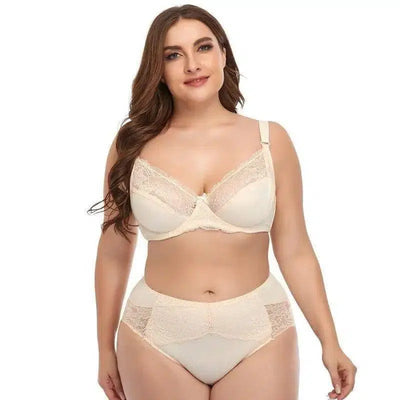 Plus Size Underwire Lace Trim Lingerie-Beige-3