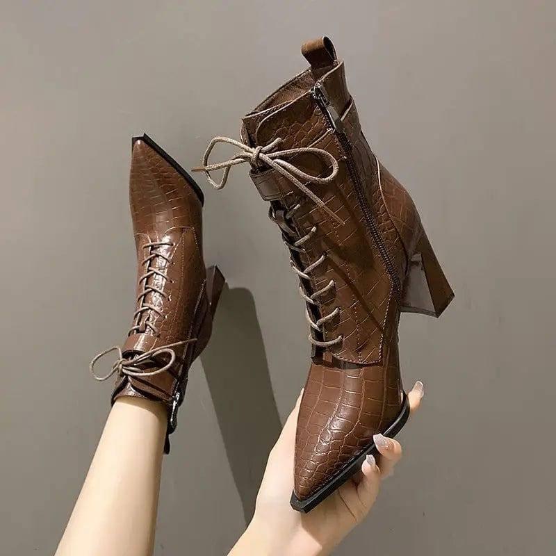 Pointed-toe Boots Winter Alligator Pattern Lace-up Shoes-1