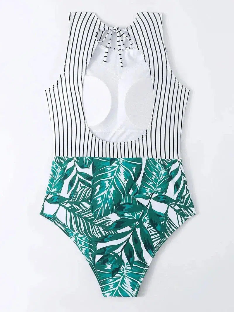 Printed One-piece Bikini Strap Ladies Swimsuit-Green-3