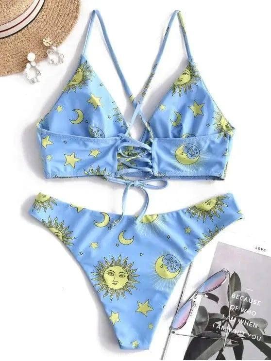 Printed Swimwear Flower Triangle Cup Strap Split High Cut-blue-3