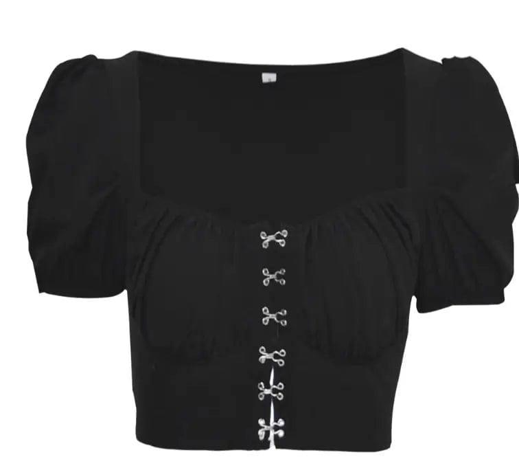 Puff Sleeve Collar Buttoned Crop Top-Black-11