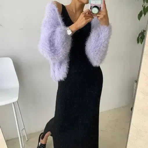 Puff Sleeves Fashion Solid Color Temperament Outer Sweater-Purple-3