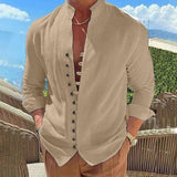 Retro Button Design Long-sleeved Shirt Men's Casual Loose Top Mens Clothing-Khaki-2