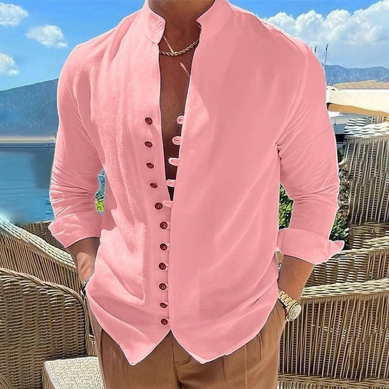 Retro Button Design Long-sleeved Shirt Men's Casual Loose Top Mens Clothing-Pink-3