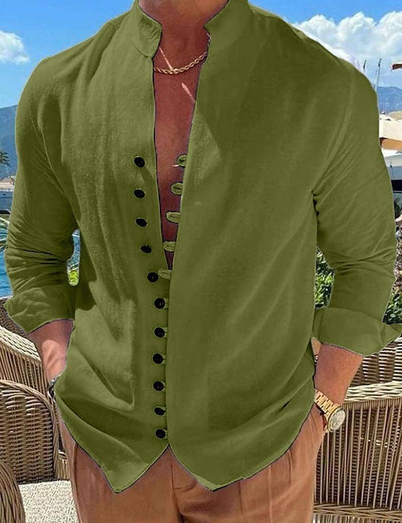 Retro Button Design Long-sleeved Shirt Men's Casual Loose Top Mens Clothing-Green-5