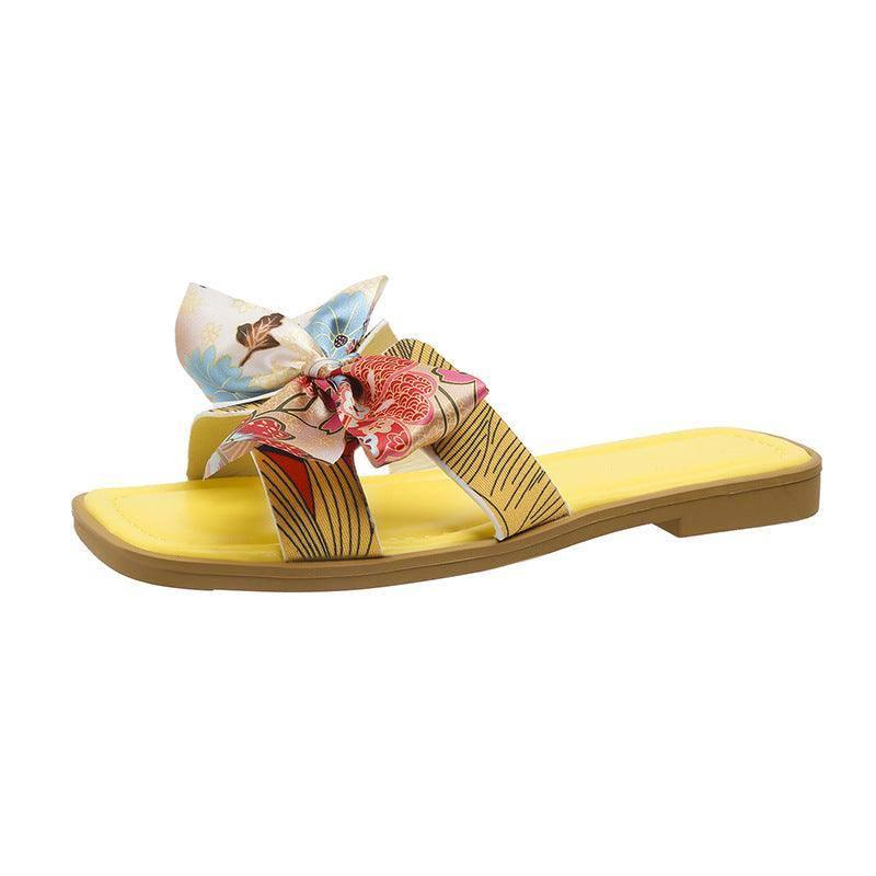 Ribbon Bow Sandals Summer New Square Toe Low Heel Sandal For-Yellow-10