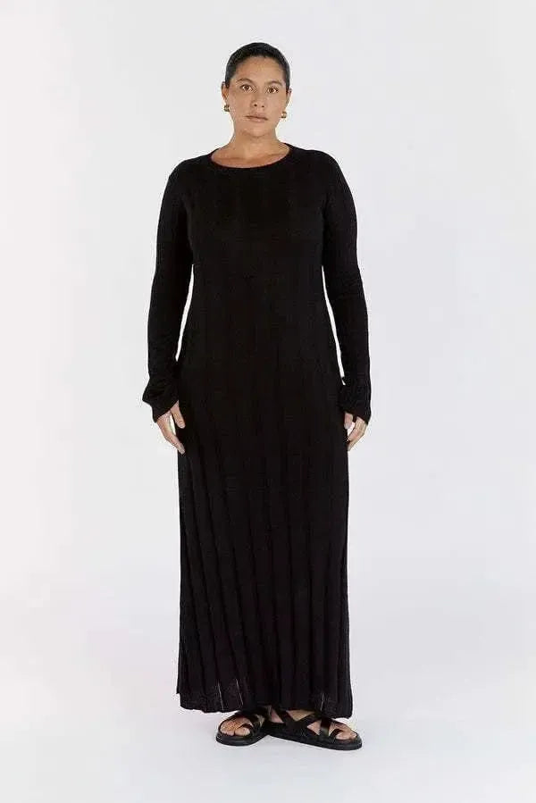 Round-neck Long Knitted Dress Solid Color Women-Black-4