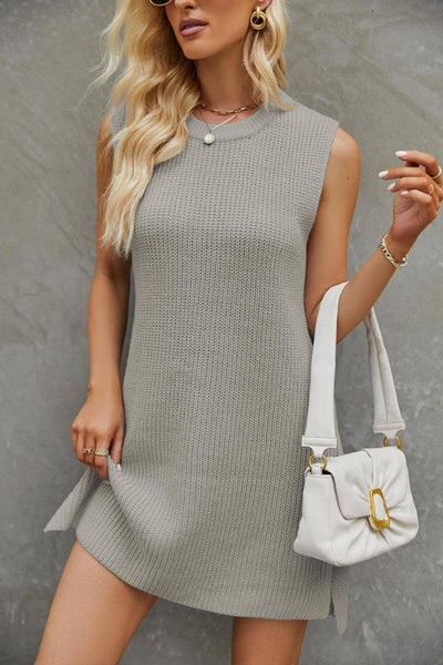 Round Neck Sleeveless Dress Summer Fashion Commuting Solid-Grey-9