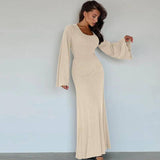 Scoop Neck Ribbed Maxi Dress - Lace-Up Long Sleeve-11