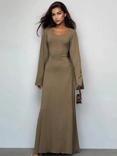 Scoop Neck Ribbed Maxi Dress - Lace-Up Long Sleeve-Khaki-7