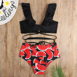 Bikini Print High Waist Split Swimsuit Lady Lotus Leaf-Red-1