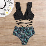 Bikini Print High Waist Split Swimsuit Lady Lotus Leaf-Green-2