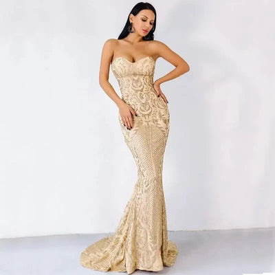 ELEGANT STRAPLESS GEOMETRIC EVENING DRESS-Golden-1