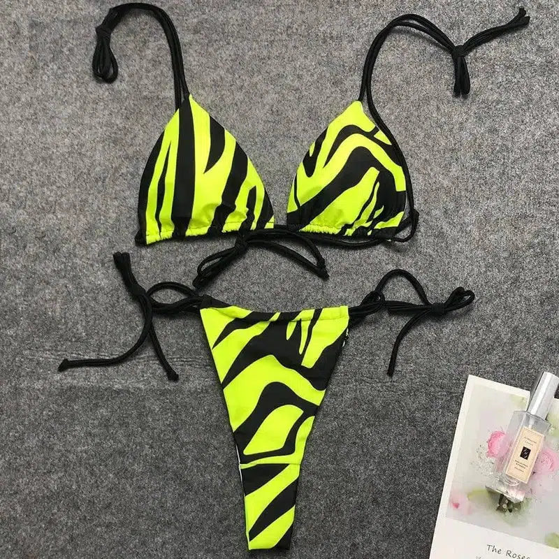 flame print strappy bikini-Green-7