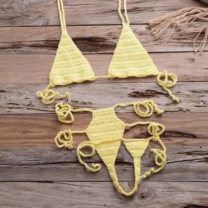 Hand Woven Beach Bikini Swimsuit-Yellow-4