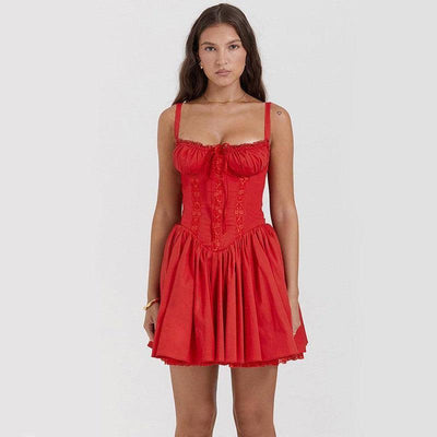 Sexy Lace Suspender Dress Summer Fashion Lace-up Slim Waist-Red-8