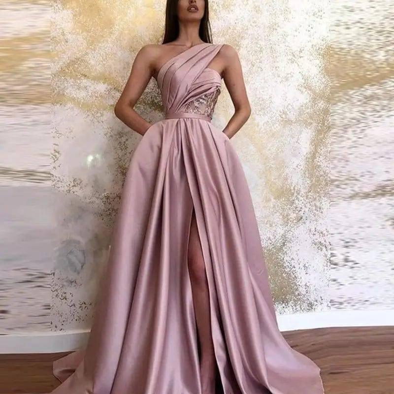 Sexy Slit Slanted Shoulder Dress Long Skirt Evening Dress-Pink-1