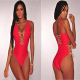 Solid Color Lace One-piece Bikini-Red-5