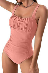 Square Neck One-piece Bikini Summer New Solid Color-Peach-19