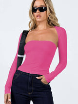 Sexy Tube Top Cinched Waist T-shirt Long Sleeve Tight-Rose Red-9