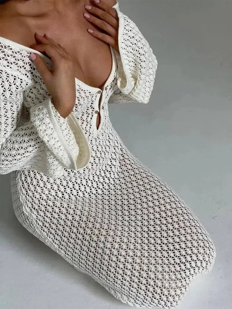 Women White Long Knit Sleeve Bikin Fashion Cover up-6